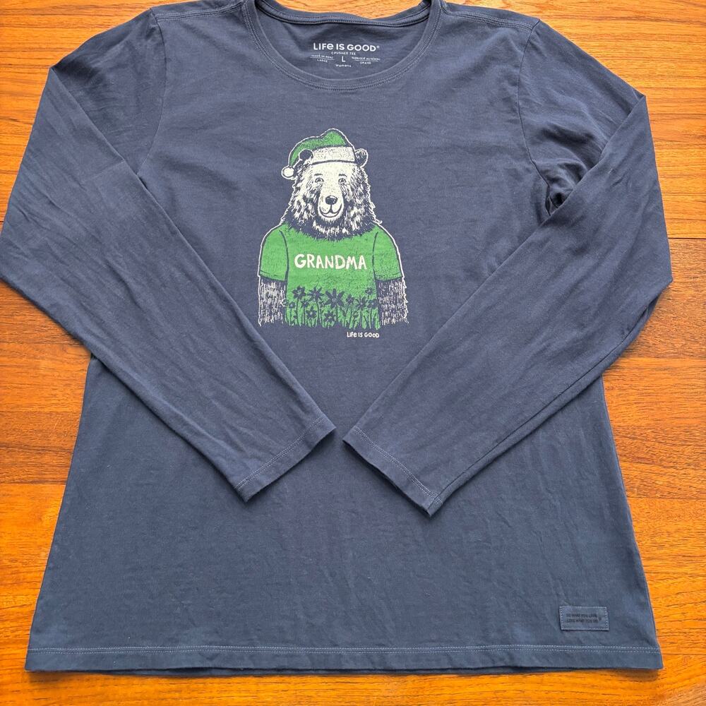 Life is Good Women's Blue Long Sleeve Grandma Bear Print Shirt Size Large